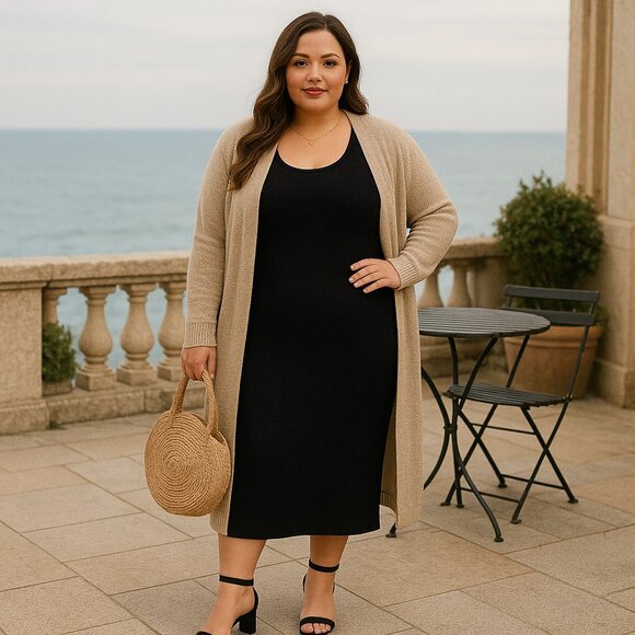 Agnes Orinda Plus Size Black Knit Sweater Dress – Modern Minimalist Quiet Luxury - Picture 2 of 15